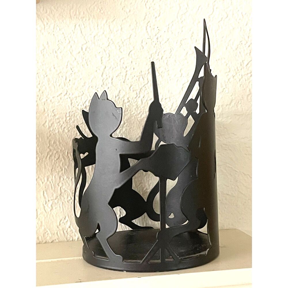 Vintage Black Cat Musical Jar Candle Holder Metal Instrument Orchestra Jazz 7"